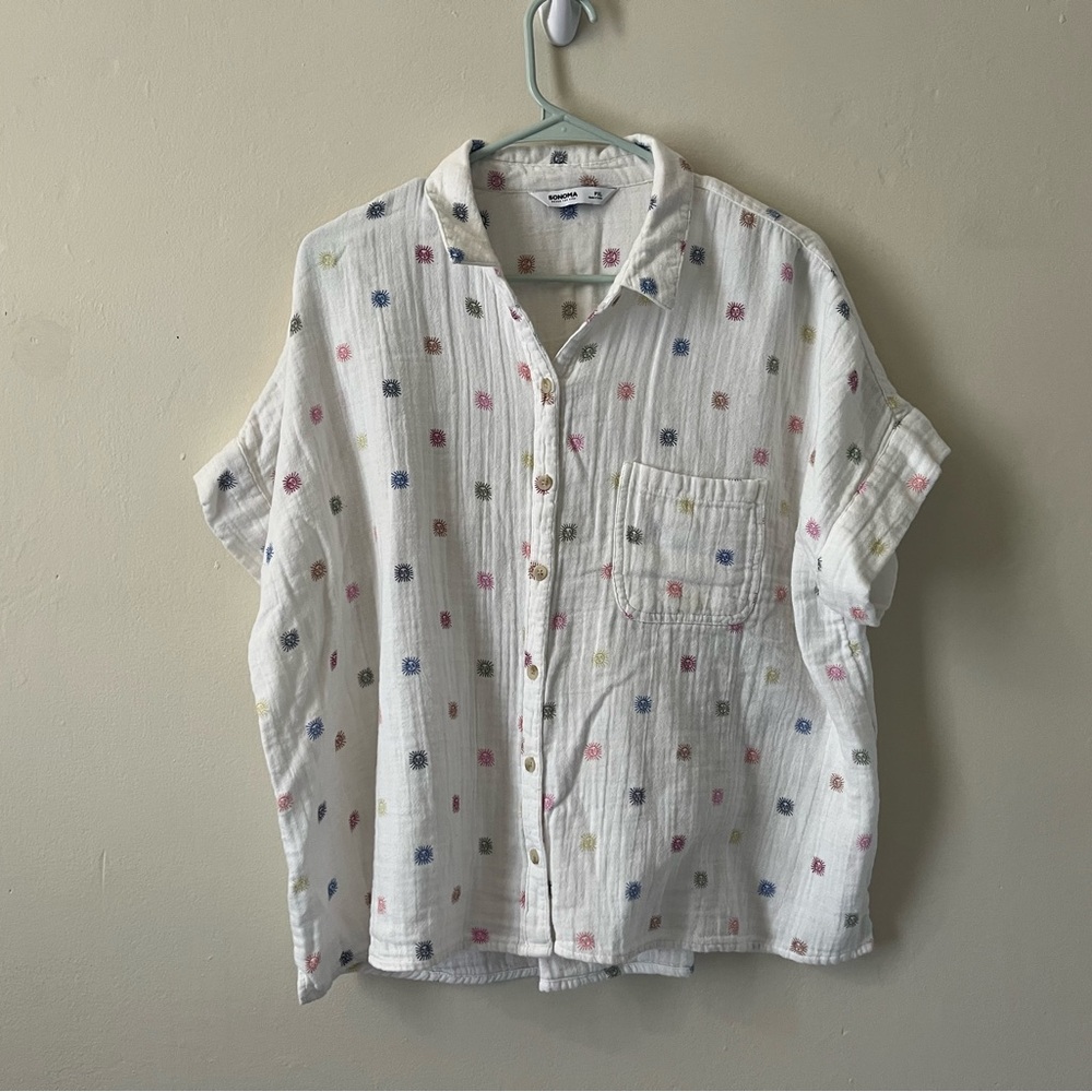 Sonoma White Button-Down Shirt with Colorful Sun Print Women’s PXL 100% Cotton